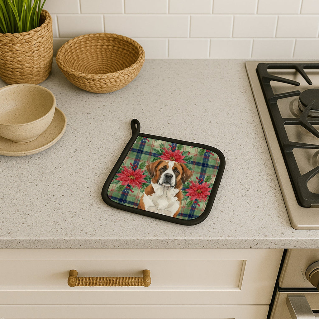 Brown and White Saint Bernard Christmas PoinsettIas Pot Holder Set of 2 Heat Resistant Quilted Hot Pads 7.5 x 7.5 Inch, Insulated Kitchen Trivets for Cooking & Baking