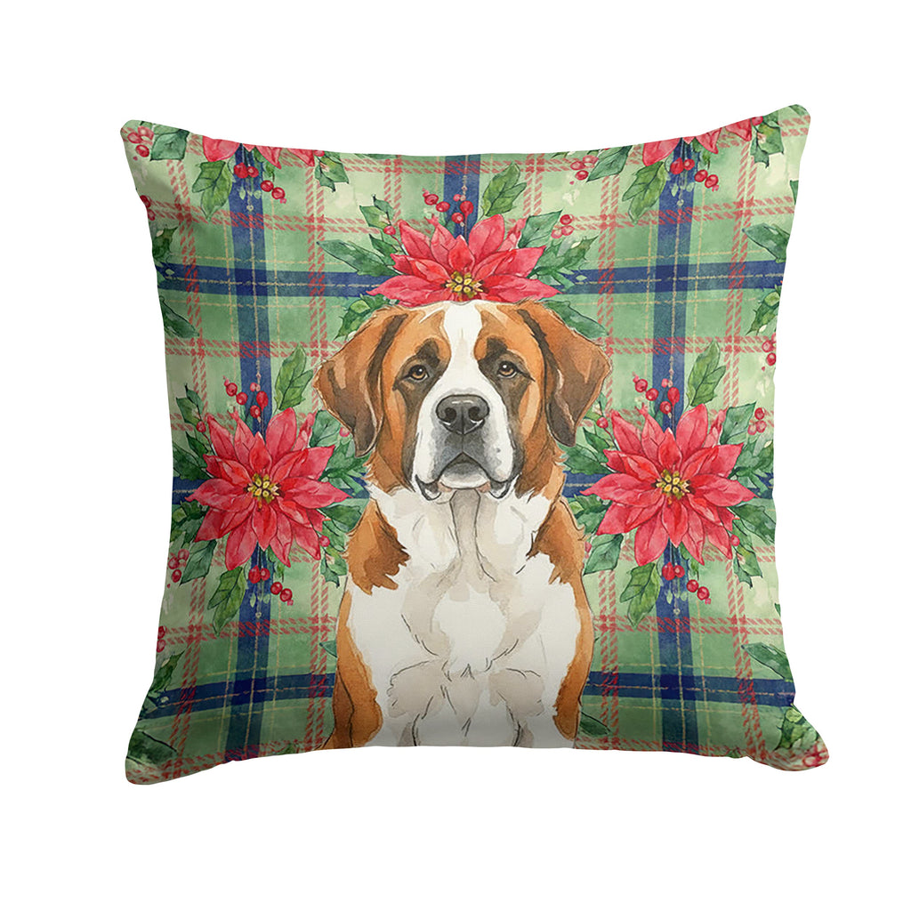 Brown and White Saint Bernard Christmas PoinsettIas Decorative Throw Pillow 14x14 Indoor Outdoor Accent Cushion, Fabric Cover with Insert for Sofa, Bed, Porch & Living Room