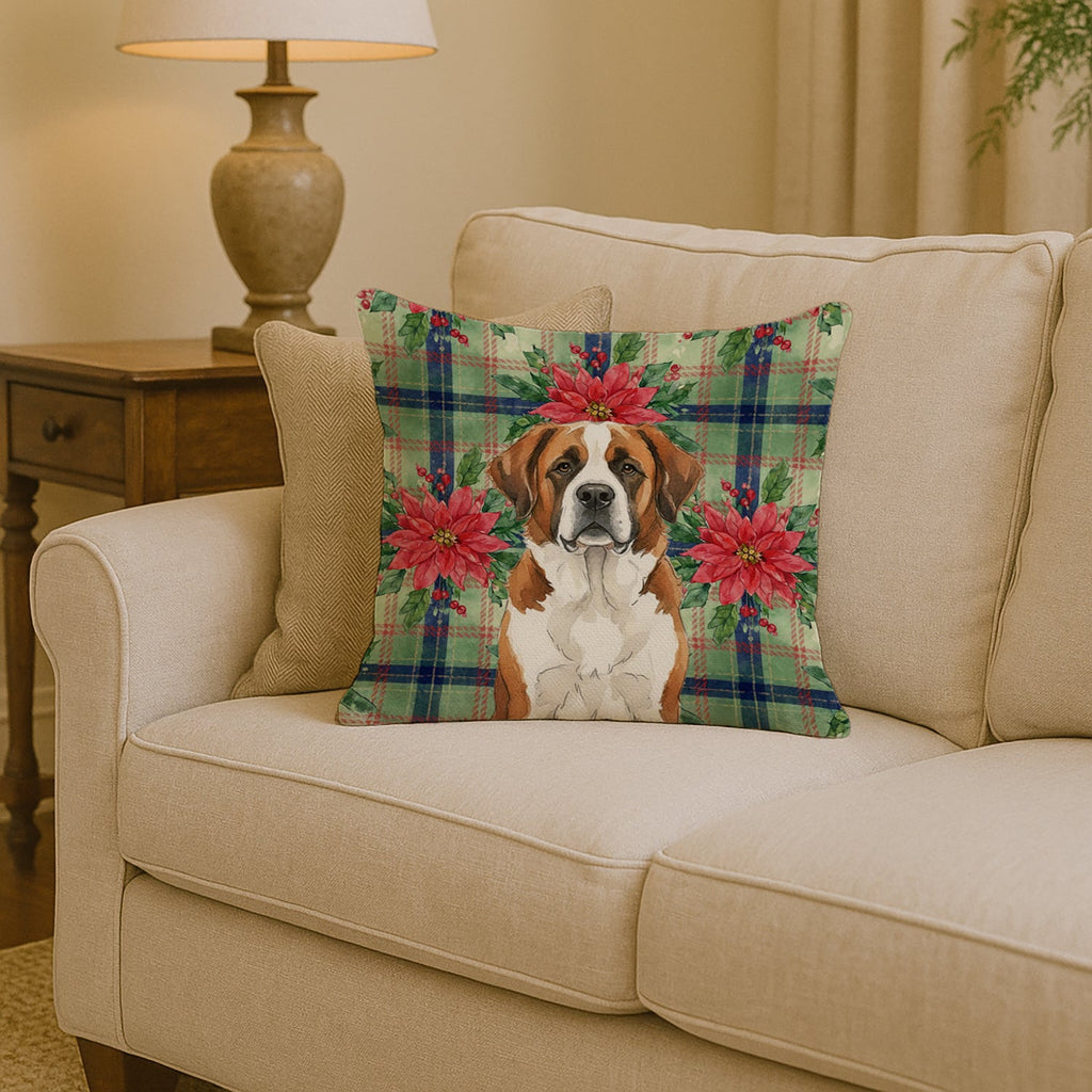 Brown and White Saint Bernard Christmas PoinsettIas Decorative Throw Pillow 14x14 Indoor Outdoor Accent Cushion, Fabric Cover with Insert for Sofa, Bed, Porch & Living Room