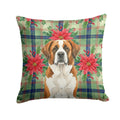 Brown and White Saint Bernard Christmas PoinsettIas Decorative Throw Pillow 18x18 Indoor Outdoor Accent Cushion, Fabric Cover with Insert for Sofa, Bed, Porch & Living Room