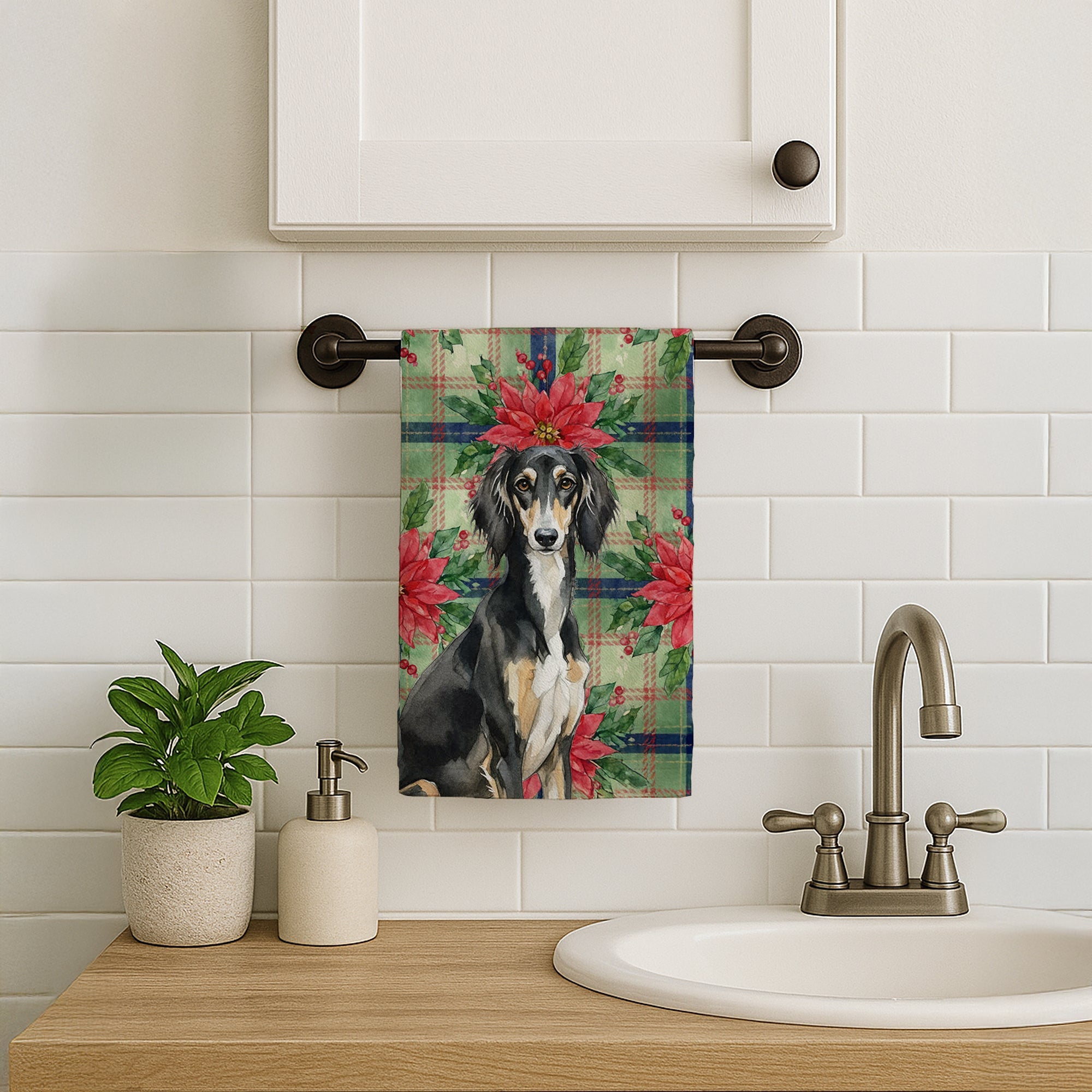 Black and Tan Saluki Christmas PoinsettIas Kitchen Towel Velour Plush Front and Cotton Loop Back Machine Washable