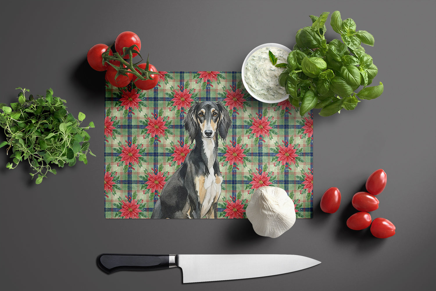 Black and Tan Saluki Christmas PoinsettIas Cutting Board Tempered Glass Kitchen Cutting Surface, Heat Resistant Chopping, Non-Slip Feet, Food Prep & Serving