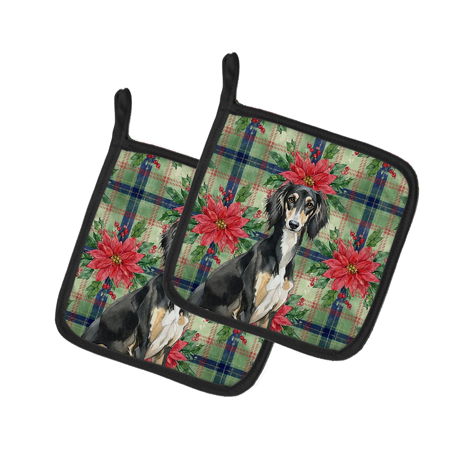 Black and Tan Saluki Christmas PoinsettIas Pot Holder Set of 2 Heat Resistant Quilted Hot Pads 7.5 x 7.5 Inch, Insulated Kitchen Trivets for Cooking & Baking