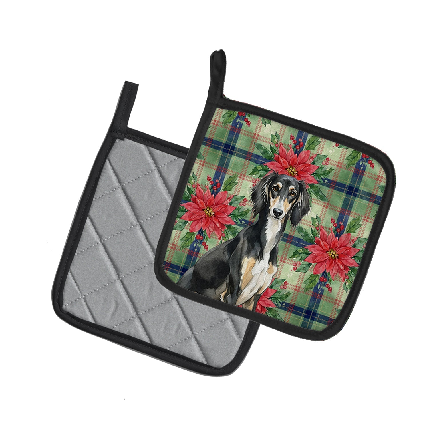Black and Tan Saluki Christmas PoinsettIas Pot Holder Set of 2 Heat Resistant Quilted Hot Pads 7.5 x 7.5 Inch, Insulated Kitchen Trivets for Cooking & Baking