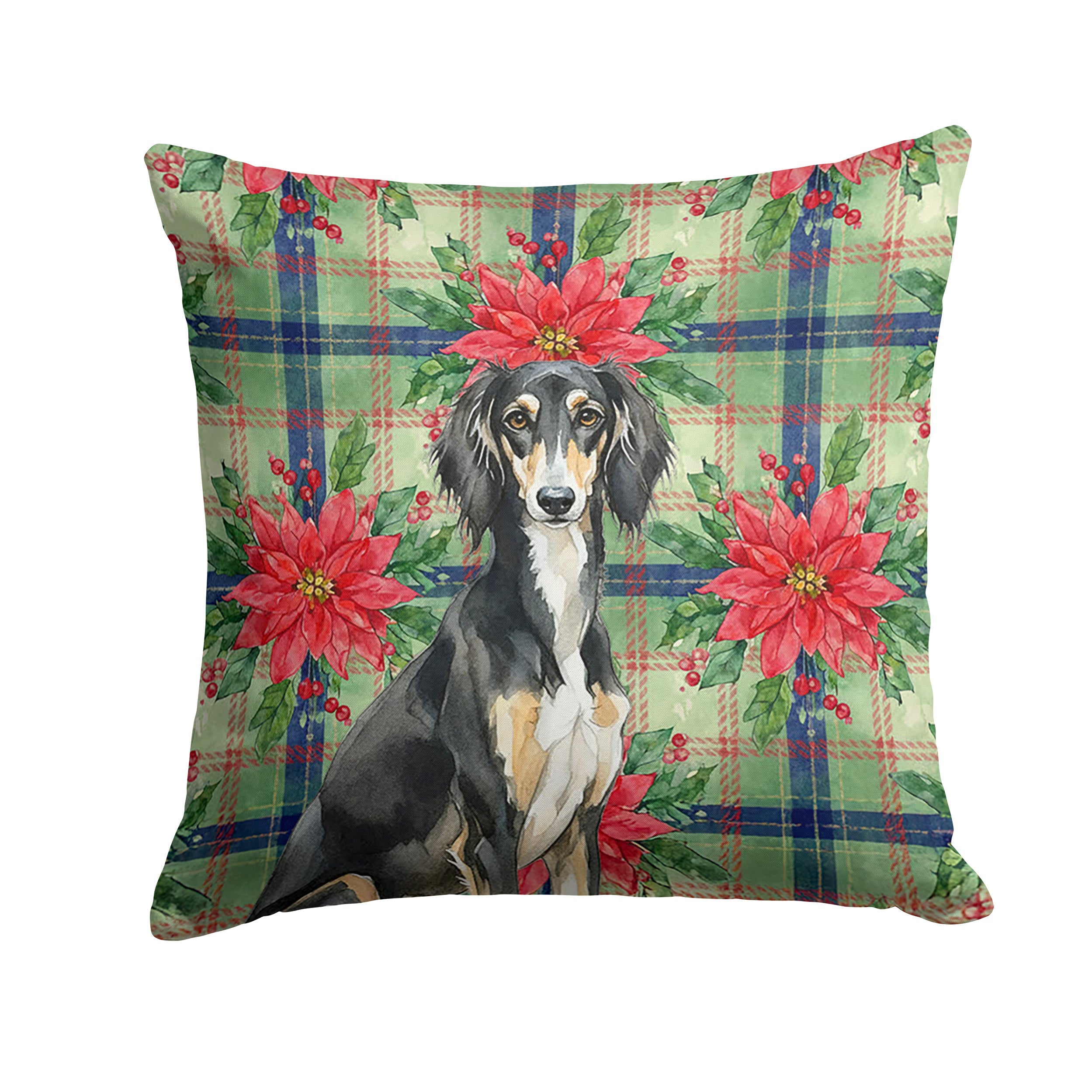 Black and Tan Saluki Christmas PoinsettIas Decorative Throw Pillow 14x14 Indoor Outdoor Accent Cushion, Fabric Cover with Insert for Sofa, Bed, Porch & Living Room