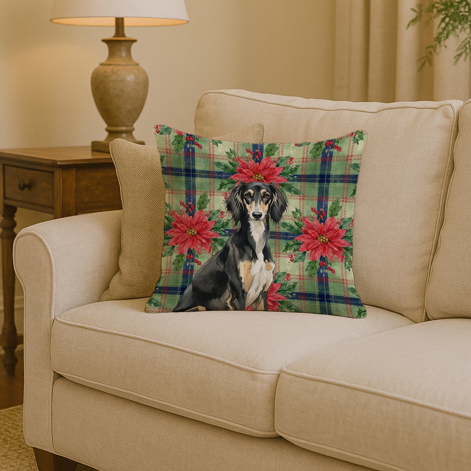Black and Tan Saluki Christmas PoinsettIas Decorative Throw Pillow 14x14 Indoor Outdoor Accent Cushion, Fabric Cover with Insert for Sofa, Bed, Porch & Living Room