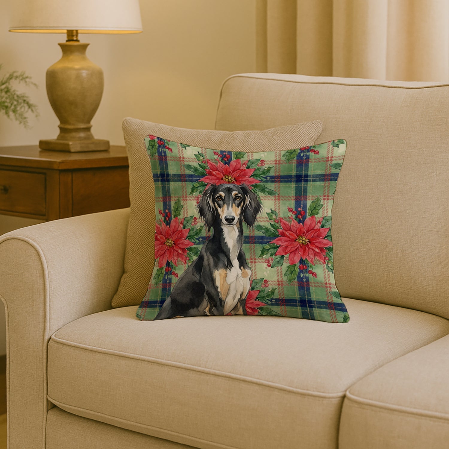 Black and Tan Saluki Christmas PoinsettIas Decorative Throw Pillow 18x18 Indoor Outdoor Accent Cushion, Fabric Cover with Insert for Sofa, Bed, Porch & Living Room