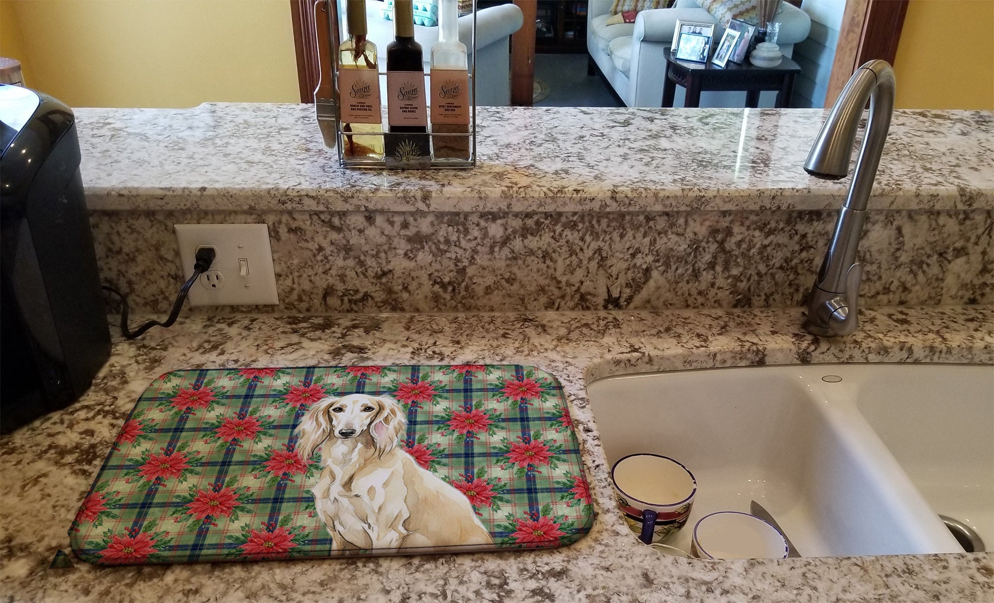 Cream Saluki Christmas PoinsettIas Dish Drying Mat Absorbent Dish Drying Mat Pad for Kitchen Counter Dish Drainer Mat for Countertop, 14 x 21", Multicolor
