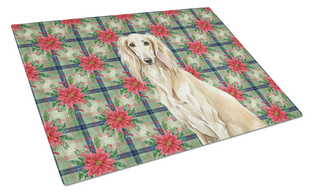 Cream Saluki Christmas PoinsettIas Cutting Board Tempered Glass Kitchen Cutting Surface, Heat Resistant Chopping, Non-Slip Feet, Food Prep & Serving