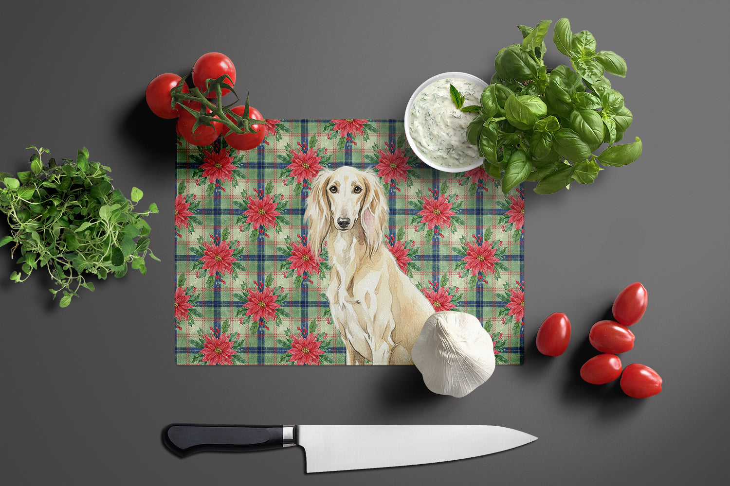 Cream Saluki Christmas PoinsettIas Cutting Board Tempered Glass Kitchen Cutting Surface, Heat Resistant Chopping, Non-Slip Feet, Food Prep & Serving