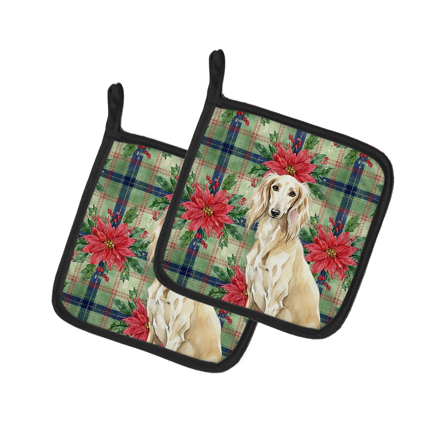 Cream Saluki Christmas PoinsettIas Pot Holder Set of 2 Heat Resistant Quilted Hot Pads 7.5 x 7.5 Inch, Insulated Kitchen Trivets for Cooking & Baking