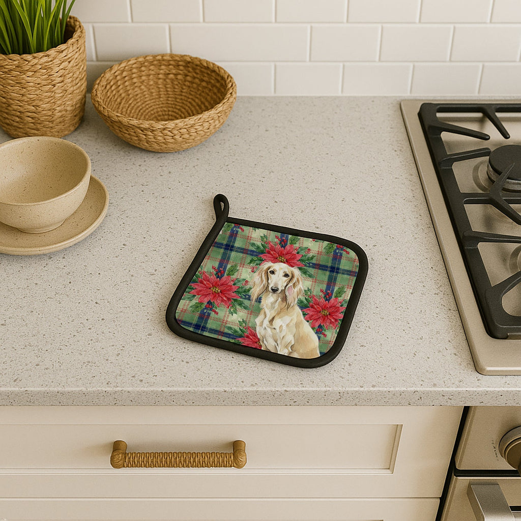 Cream Saluki Christmas PoinsettIas Pot Holder Set of 2 Heat Resistant Quilted Hot Pads 7.5 x 7.5 Inch, Insulated Kitchen Trivets for Cooking & Baking