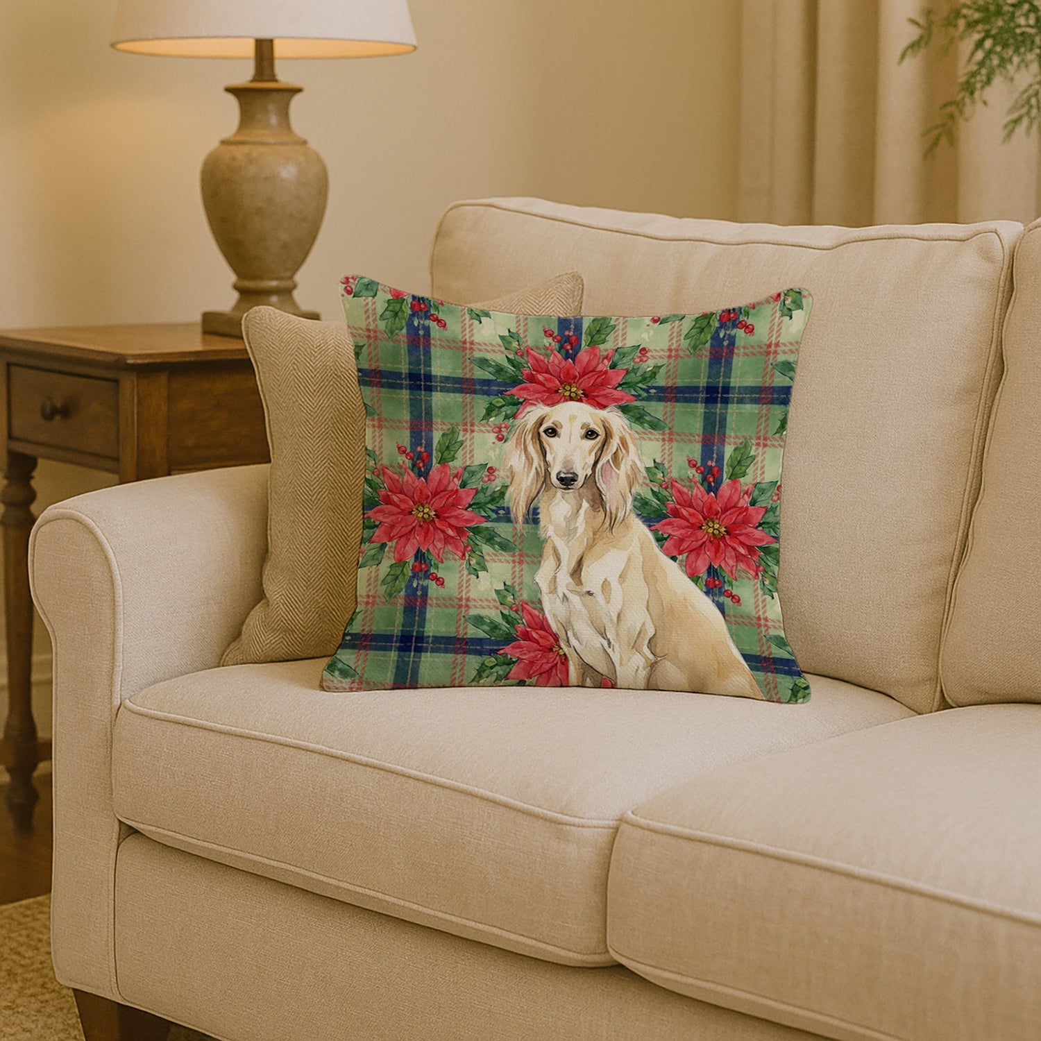 Cream Saluki Christmas PoinsettIas Decorative Throw Pillow 14x14 Indoor Outdoor Accent Cushion, Fabric Cover with Insert for Sofa, Bed, Porch & Living Room