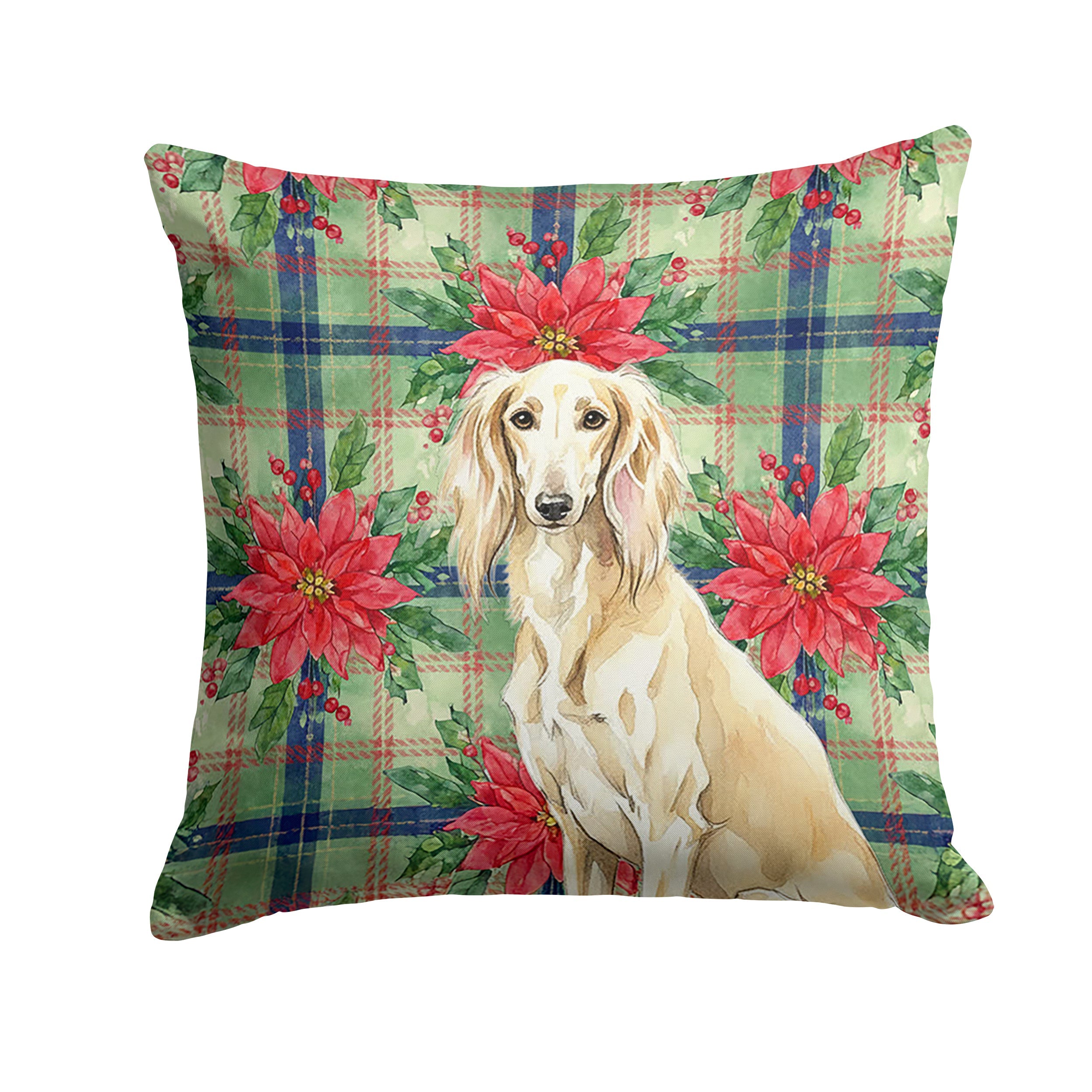 Cream Saluki Christmas PoinsettIas Decorative Throw Pillow 18x18 Indoor Outdoor Accent Cushion, Fabric Cover with Insert for Sofa, Bed, Porch & Living Room