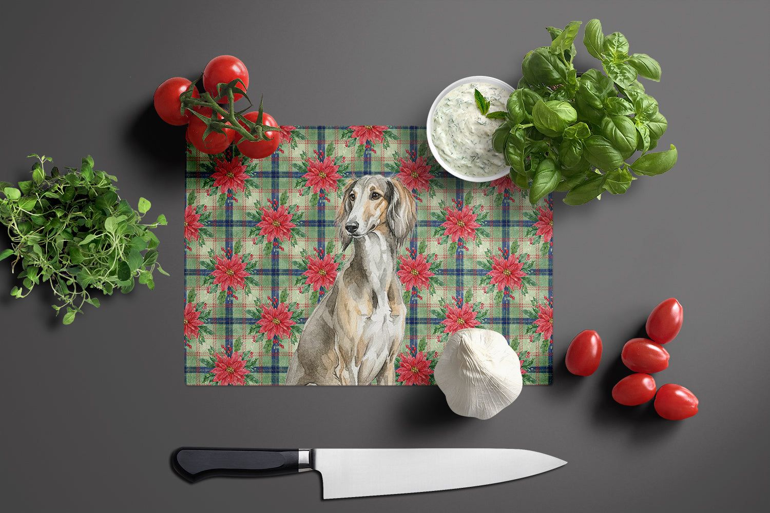 Grizzle Saluki Christmas PoinsettIas Cutting Board Tempered Glass Kitchen Cutting Surface, Heat Resistant Chopping, Non-Slip Feet, Food Prep & Serving