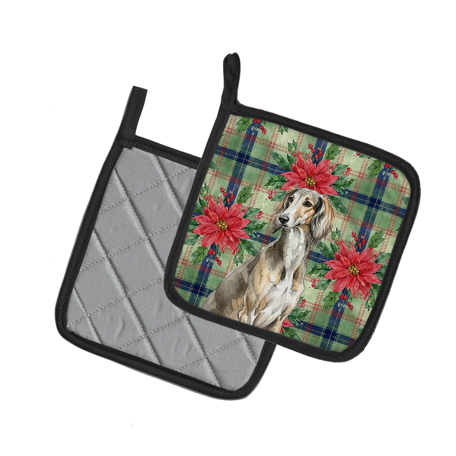 Grizzle Saluki Christmas PoinsettIas Pot Holder Set of 2 Heat Resistant Quilted Hot Pads 7.5 x 7.5 Inch, Insulated Kitchen Trivets for Cooking & Baking