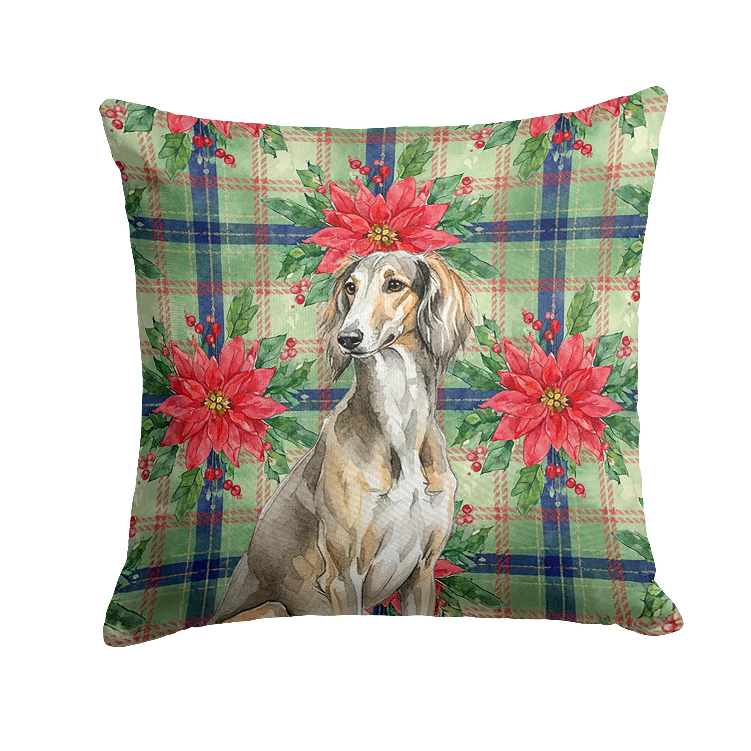 Grizzle Saluki Christmas PoinsettIas Decorative Throw Pillow 18x18 Indoor Outdoor Accent Cushion, Fabric Cover with Insert for Sofa, Bed, Porch & Living Room