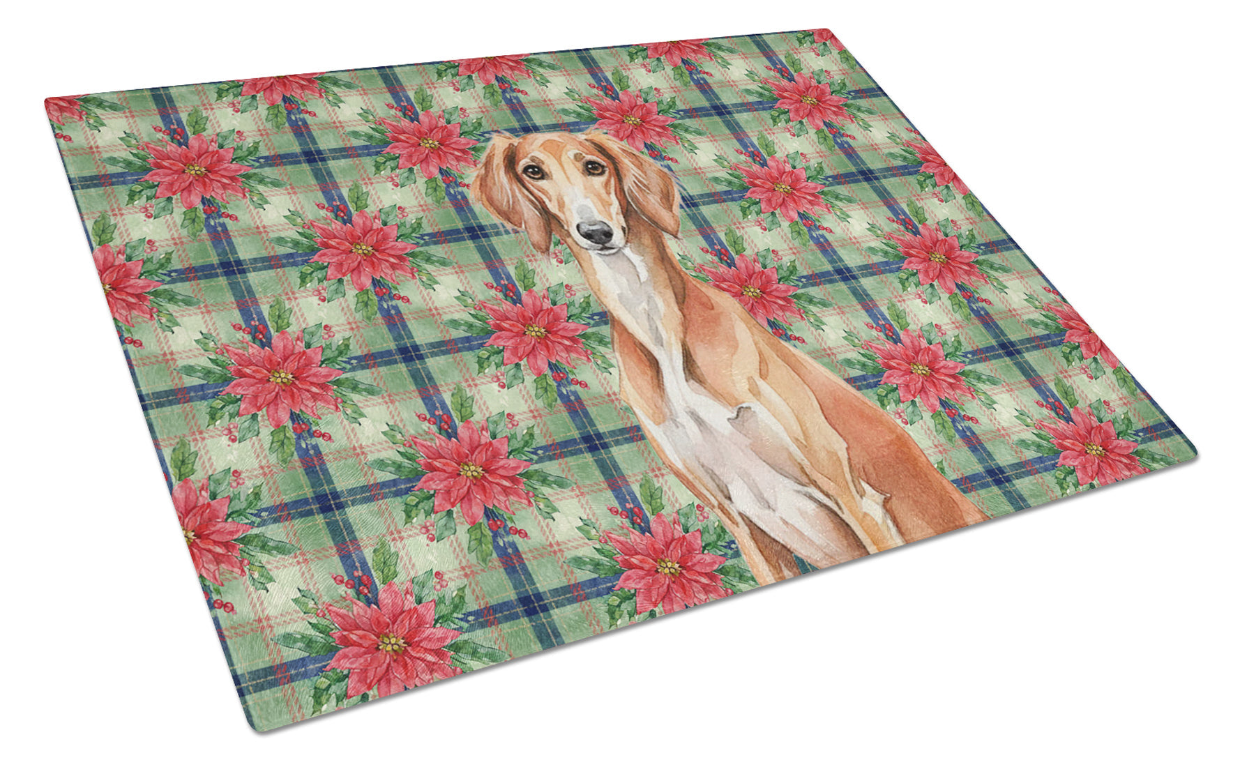 Red Saluki Christmas PoinsettIas Cutting Board Tempered Glass Kitchen Cutting Surface, Heat Resistant Chopping, Non-Slip Feet, Food Prep & Serving