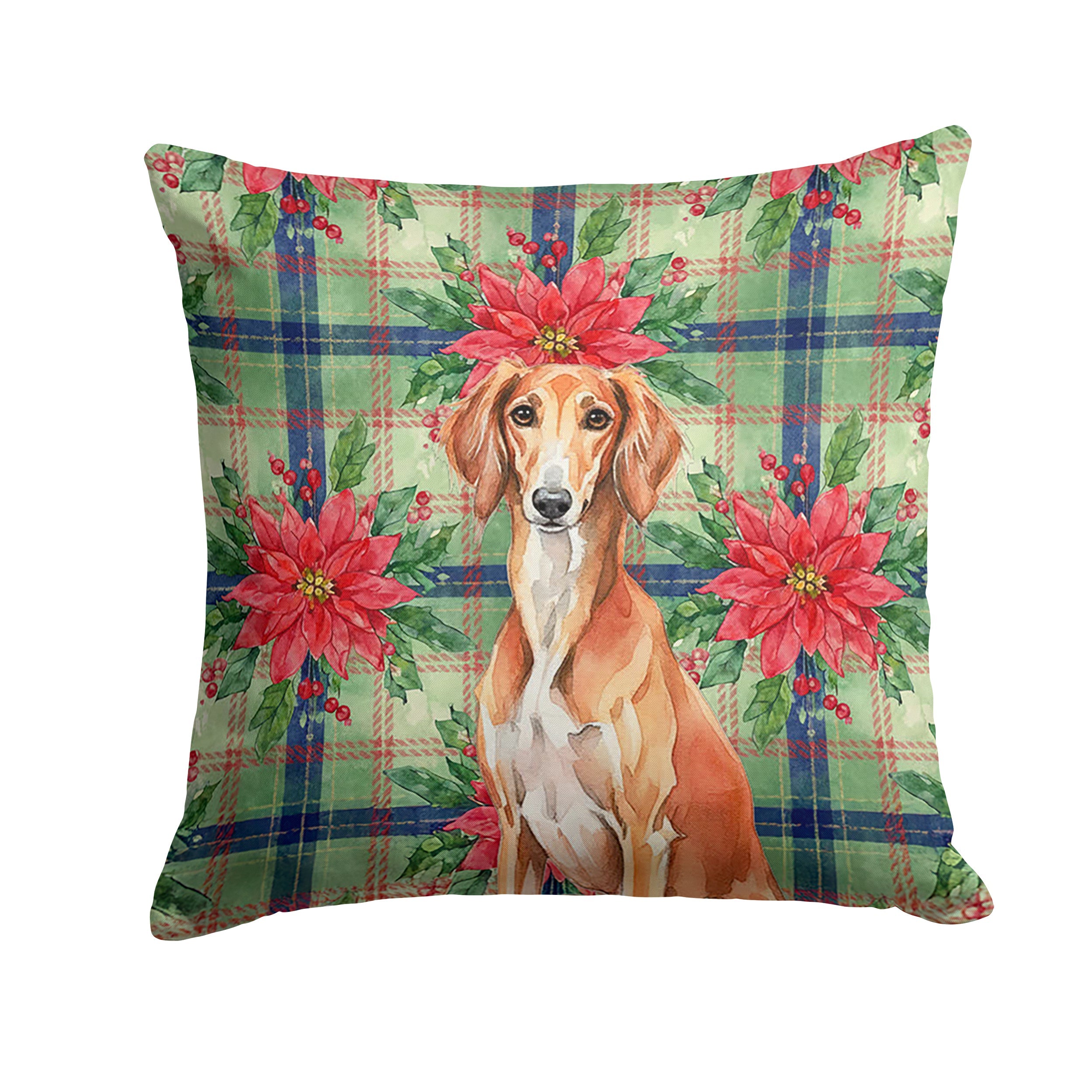 Red Saluki Christmas PoinsettIas Decorative Throw Pillow 18x18 Indoor Outdoor Accent Cushion, Fabric Cover with Insert for Sofa, Bed, Porch & Living Room