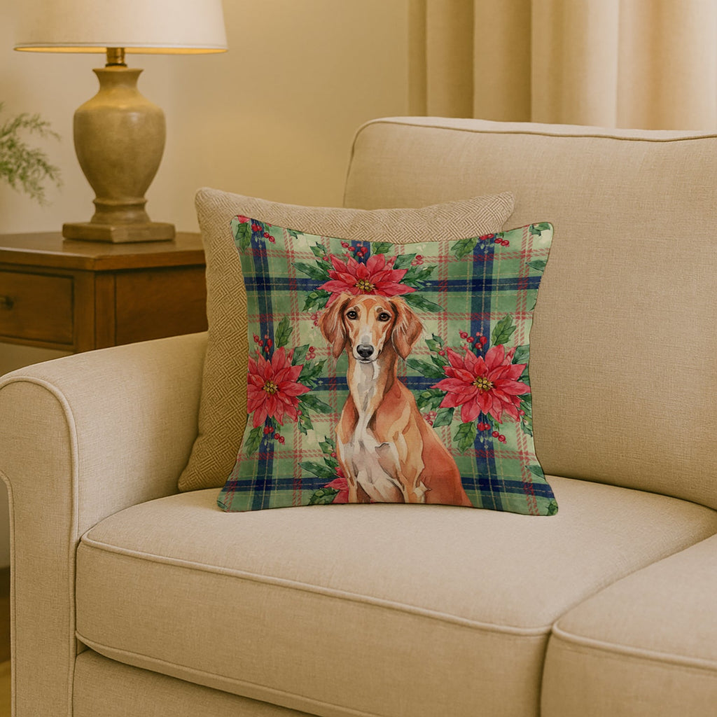 Red Saluki Christmas PoinsettIas Decorative Throw Pillow 18x18 Indoor Outdoor Accent Cushion, Fabric Cover with Insert for Sofa, Bed, Porch & Living Room