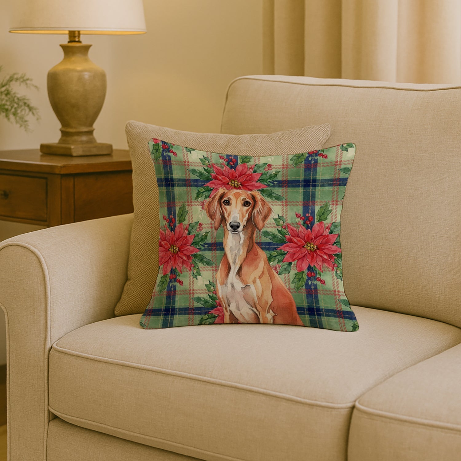 Red Saluki Christmas PoinsettIas Decorative Throw Pillow 18x18 Indoor Outdoor Accent Cushion, Fabric Cover with Insert for Sofa, Bed, Porch & Living Room