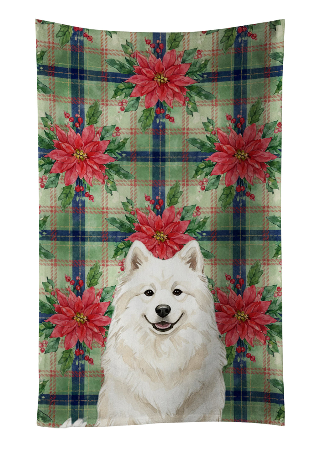 Cream Samoyed Christmas PoinsettIas Kitchen Towel Velour Plush Front and Cotton Loop Back Machine Washable