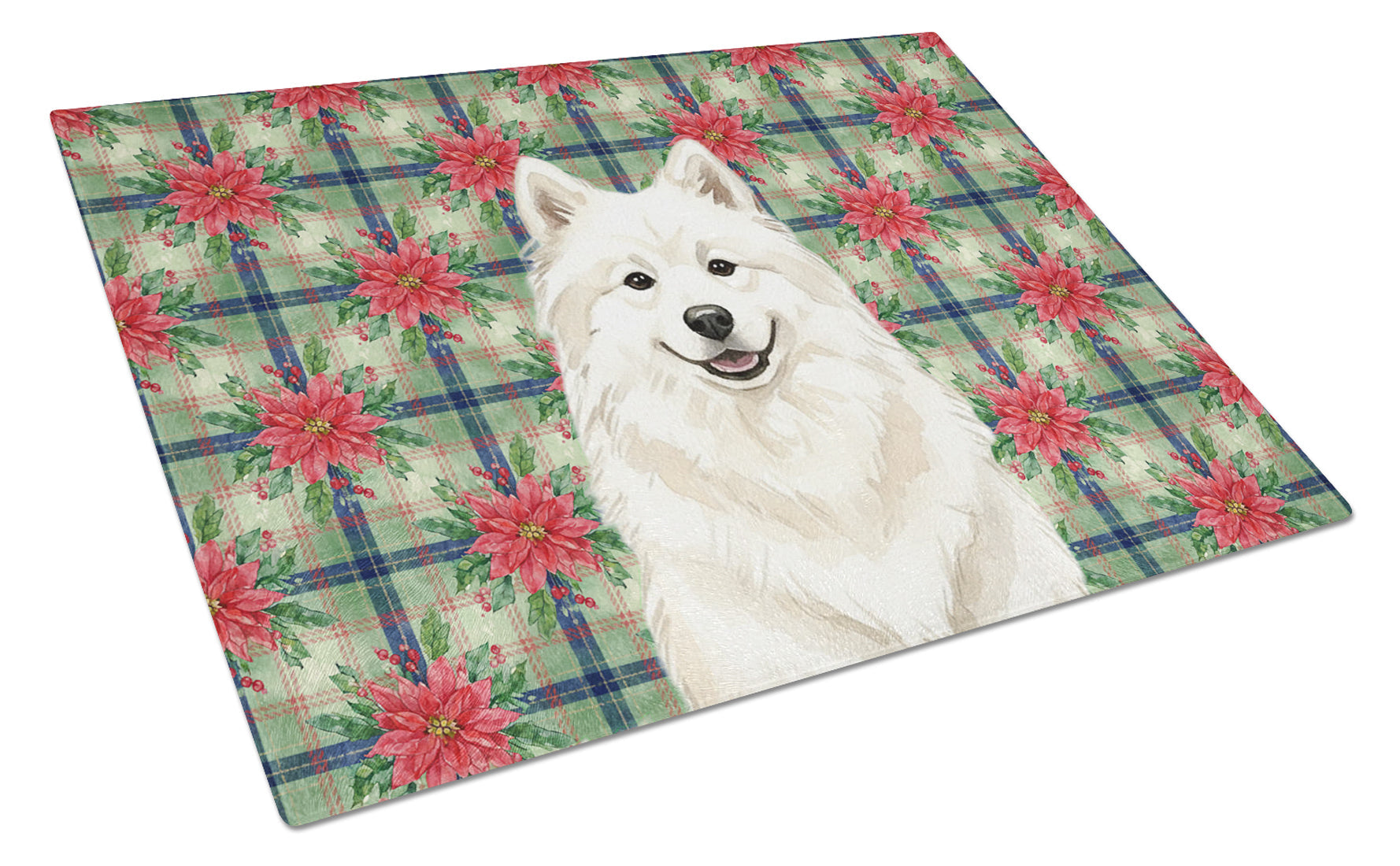 Cream Samoyed Christmas PoinsettIas Cutting Board Tempered Glass Kitchen Cutting Surface, Heat Resistant Chopping, Non-Slip Feet, Food Prep & Serving