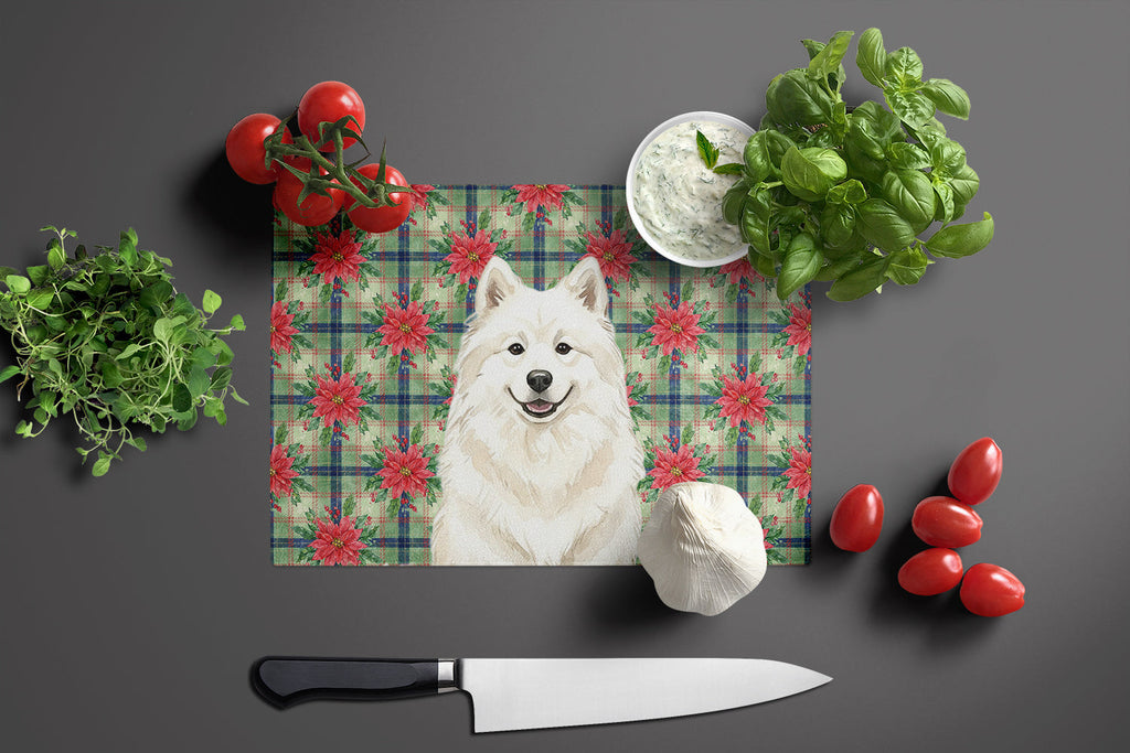 Cream Samoyed Christmas PoinsettIas Cutting Board Tempered Glass Kitchen Cutting Surface, Heat Resistant Chopping, Non-Slip Feet, Food Prep & Serving