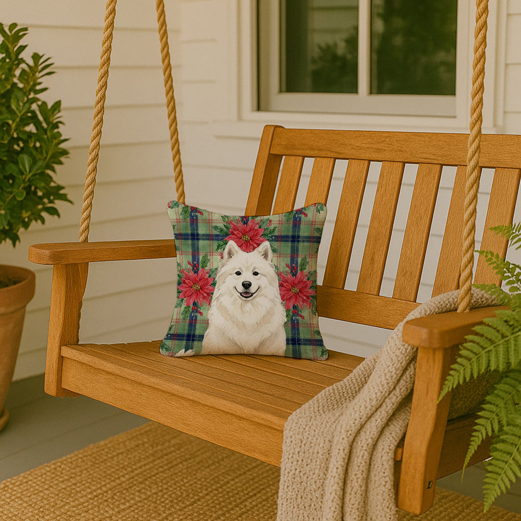 Cream Samoyed Christmas PoinsettIas Decorative Throw Pillow 14x14 Indoor Outdoor Accent Cushion, Fabric Cover with Insert for Sofa, Bed, Porch & Living Room
