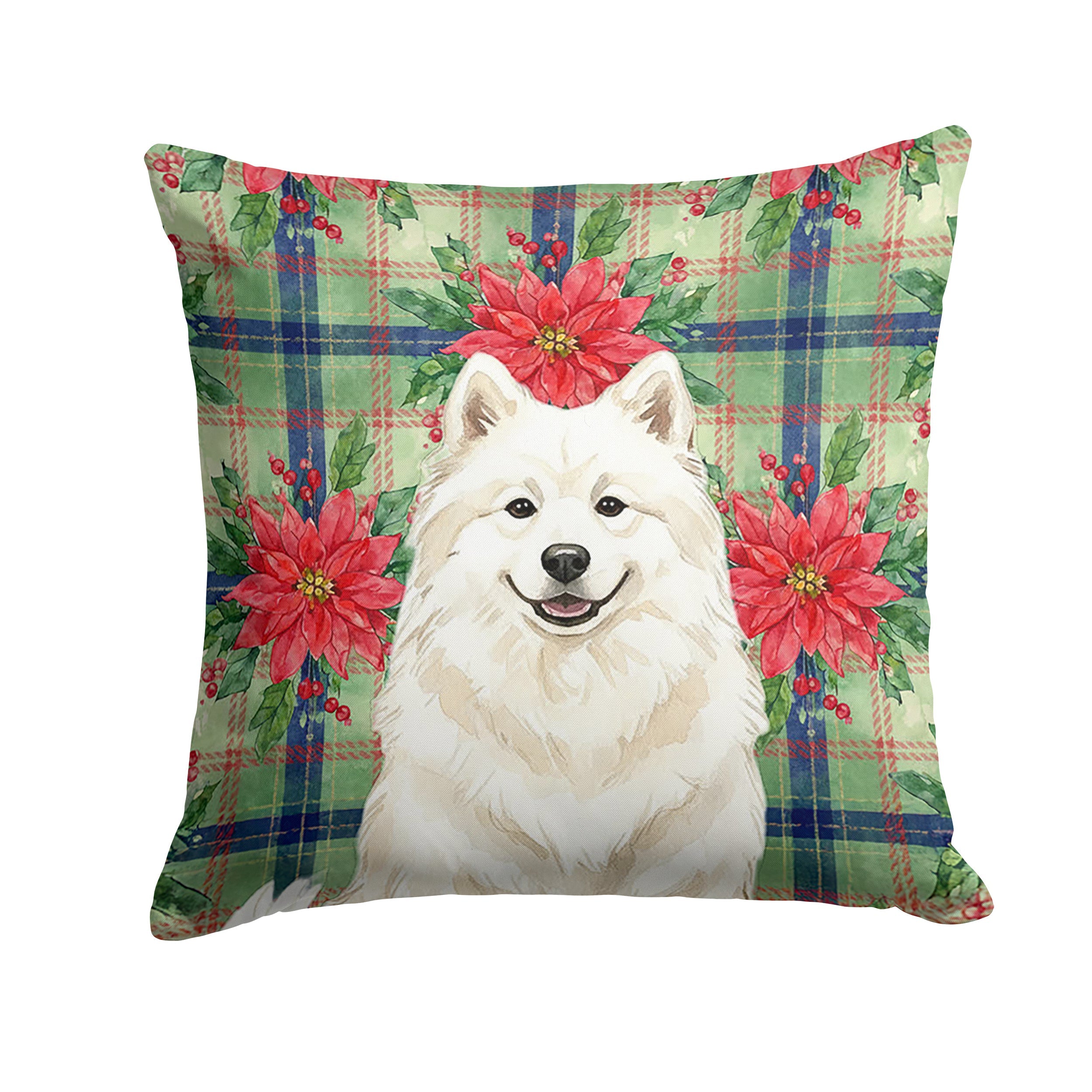 Cream Samoyed Christmas PoinsettIas Decorative Throw Pillow 18x18 Indoor Outdoor Accent Cushion, Fabric Cover with Insert for Sofa, Bed, Porch & Living Room