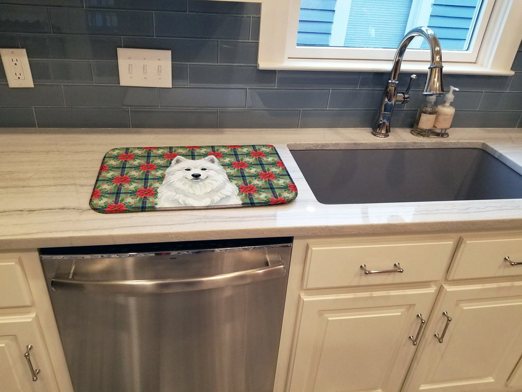 White Samoyed Christmas PoinsettIas Dish Drying Mat Absorbent Dish Drying Mat Pad for Kitchen Counter Dish Drainer Mat for Countertop, 14 x 21", Multicolor