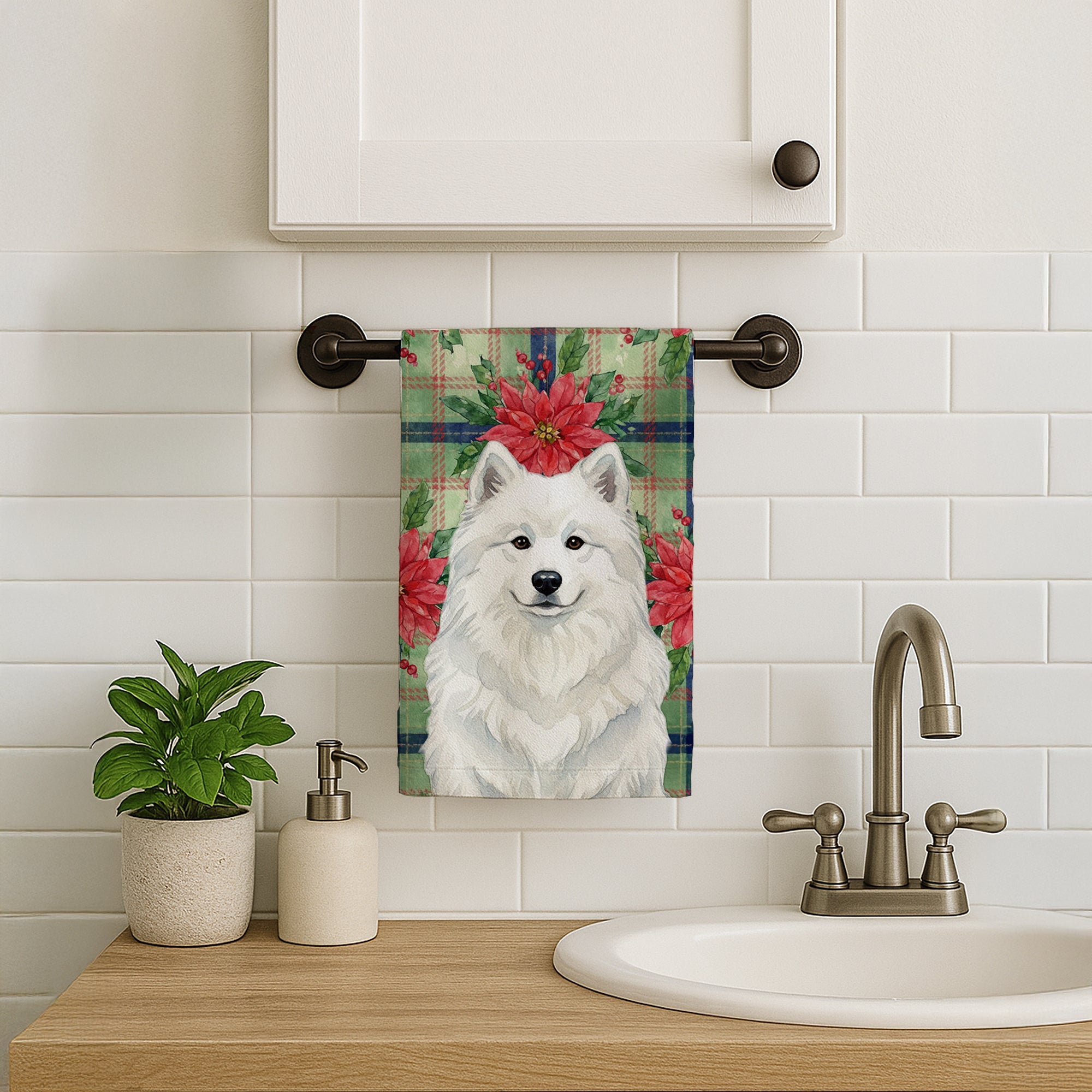 White Samoyed Christmas PoinsettIas Kitchen Towel Velour Plush Front and Cotton Loop Back Machine Washable
