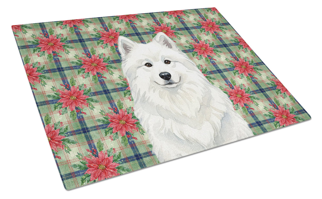White Samoyed Christmas PoinsettIas Cutting Board Tempered Glass Kitchen Cutting Surface, Heat Resistant Chopping, Non-Slip Feet, Food Prep & Serving