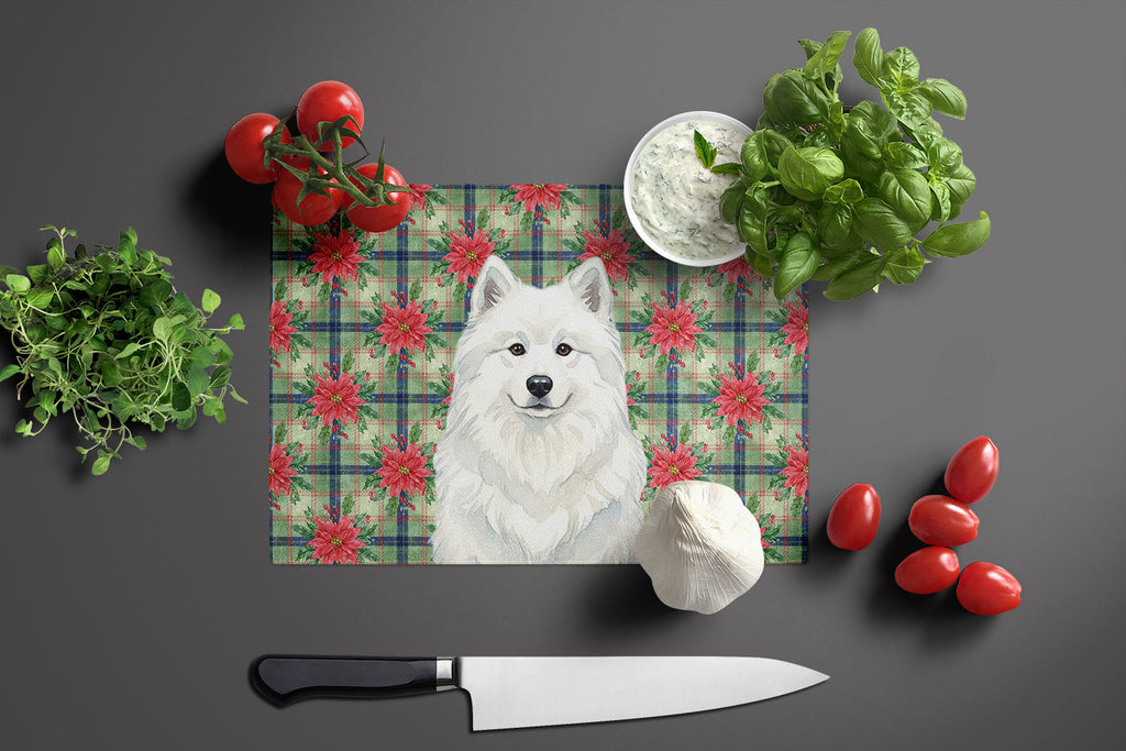 White Samoyed Christmas PoinsettIas Cutting Board Tempered Glass Kitchen Cutting Surface, Heat Resistant Chopping, Non-Slip Feet, Food Prep & Serving