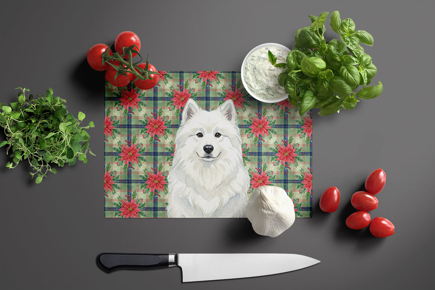 White Samoyed Christmas PoinsettIas Cutting Board Tempered Glass Kitchen Cutting Surface, Heat Resistant Chopping, Non-Slip Feet, Food Prep & Serving