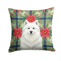 White Samoyed Christmas PoinsettIas Decorative Throw Pillow 14x14 Indoor Outdoor Accent Cushion, Fabric Cover with Insert for Sofa, Bed, Porch & Living Room