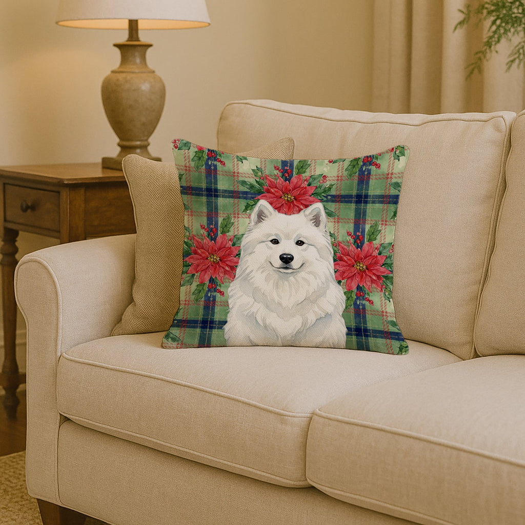 White Samoyed Christmas PoinsettIas Decorative Throw Pillow 14x14 Indoor Outdoor Accent Cushion, Fabric Cover with Insert for Sofa, Bed, Porch & Living Room