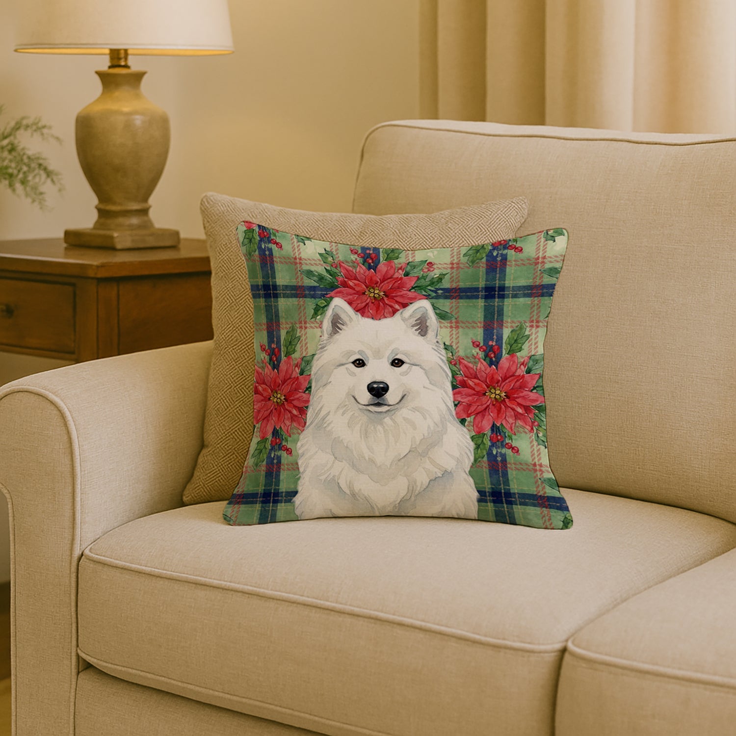 White Samoyed Christmas PoinsettIas Decorative Throw Pillow 18x18 Indoor Outdoor Accent Cushion, Fabric Cover with Insert for Sofa, Bed, Porch & Living Room