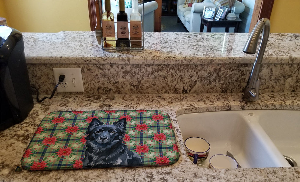 Schipperke Christmas PoinsettIas Dish Drying Mat Absorbent Dish Drying Mat Pad for Kitchen Counter Dish Drainer Mat for Countertop, 14 x 21", Multicolor
