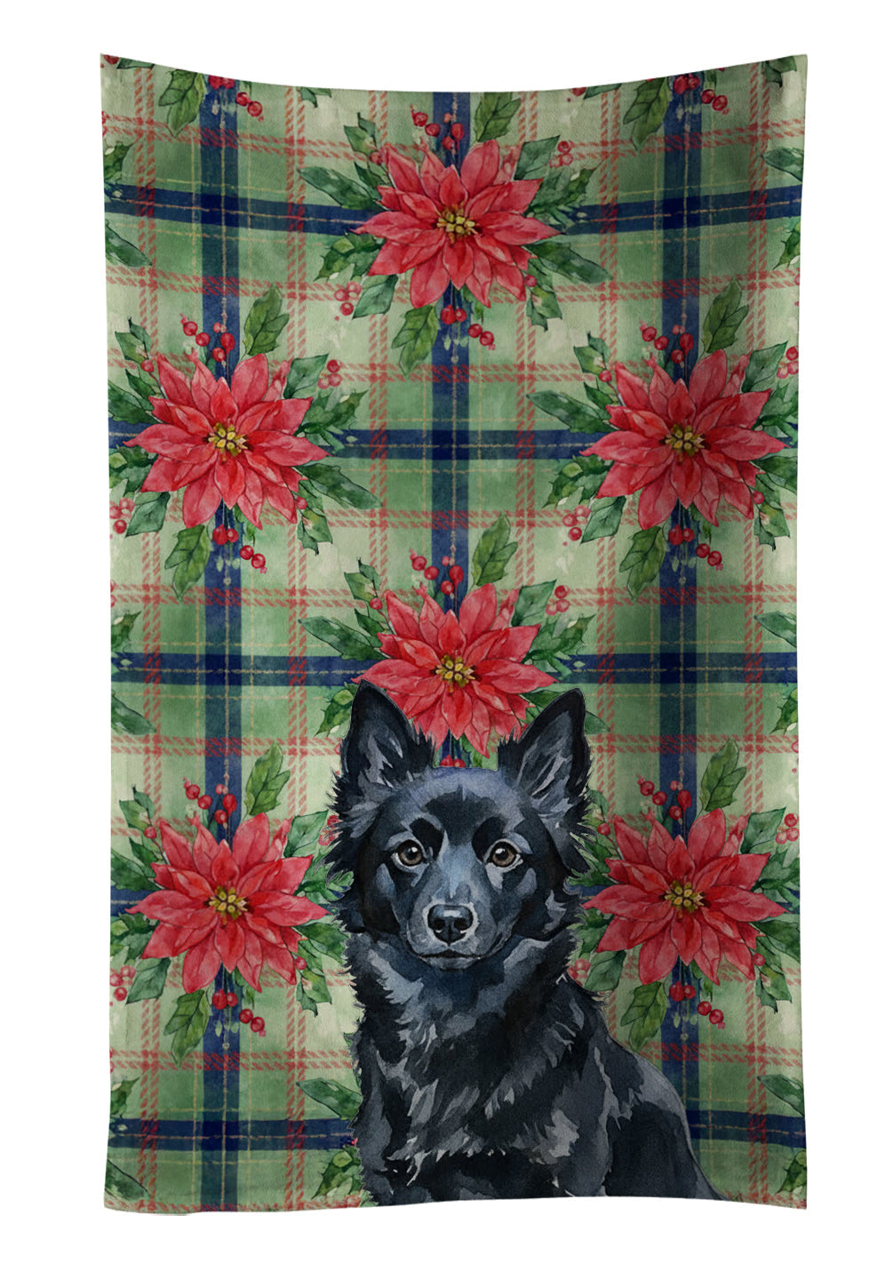 Schipperke Christmas PoinsettIas Kitchen Towel Velour Plush Front and Cotton Loop Back Machine Washable
