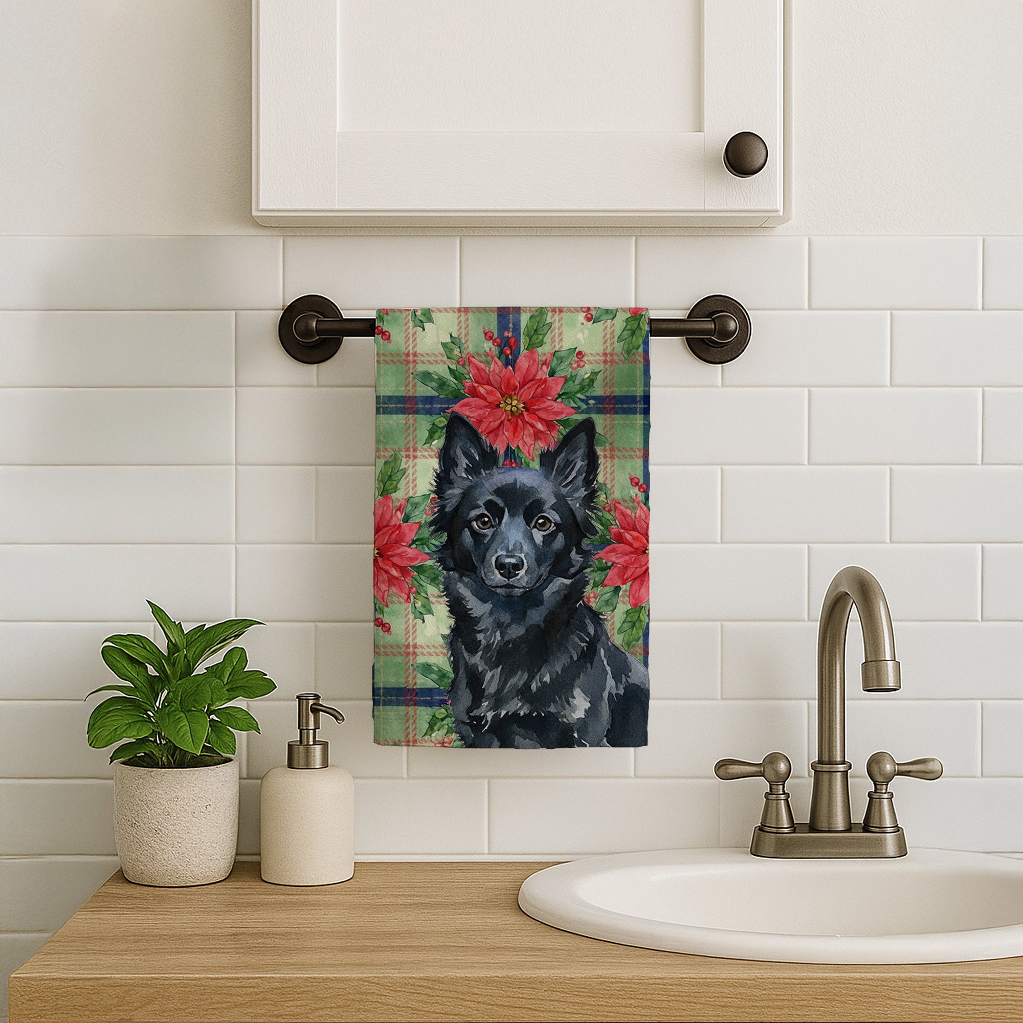 Schipperke Christmas PoinsettIas Kitchen Towel Velour Plush Front and Cotton Loop Back Machine Washable