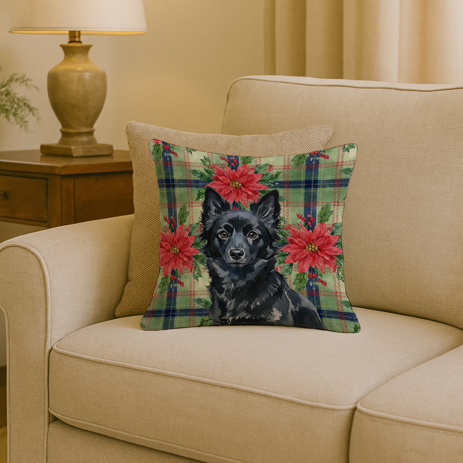 Schipperke Christmas PoinsettIas Decorative Throw Pillow 18x18 Indoor Outdoor Accent Cushion, Fabric Cover with Insert for Sofa, Bed, Porch & Living Room