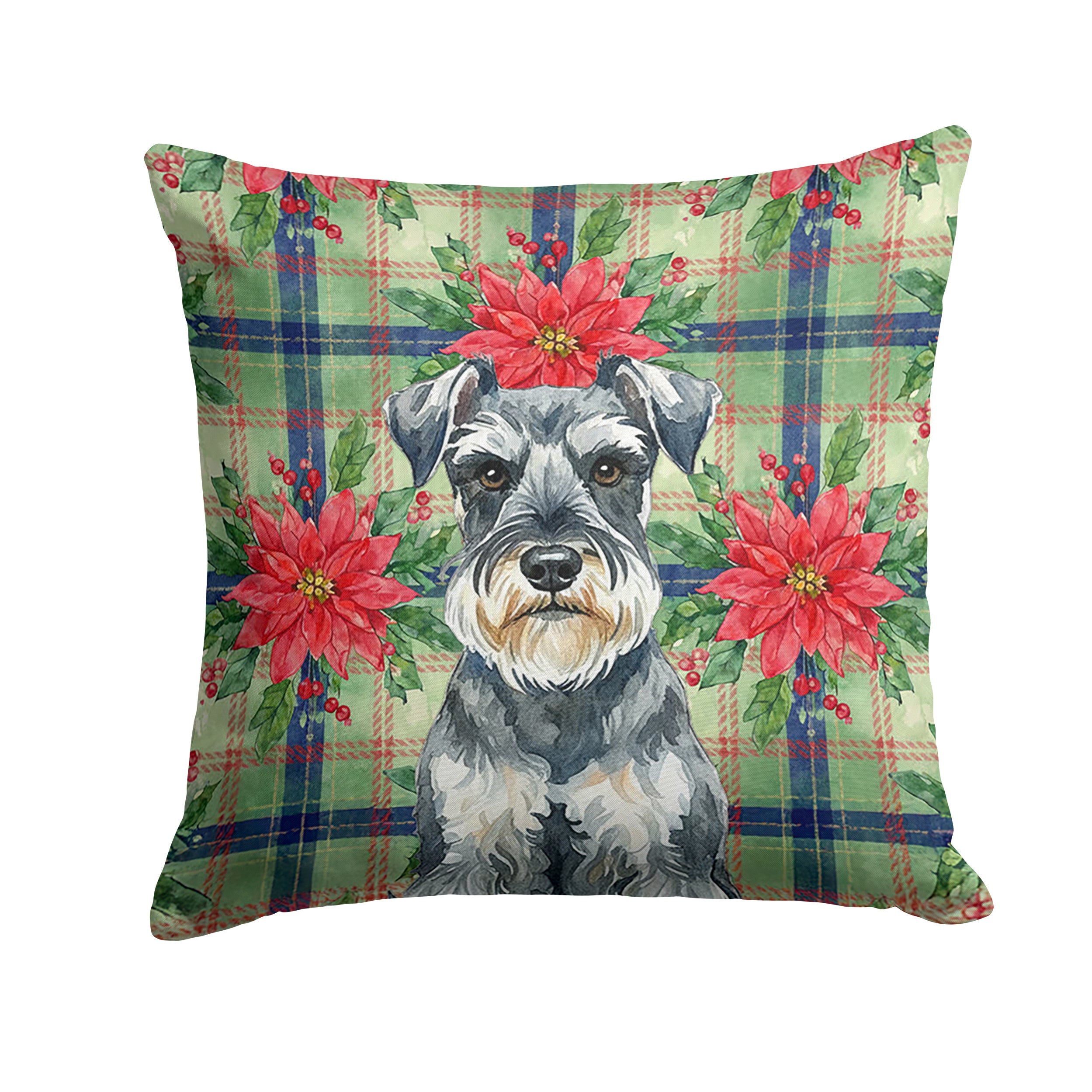 Schnauzer Christmas PoinsettIas Decorative Throw Pillow 18x18 Indoor Outdoor Accent Cushion, Fabric Cover with Insert for Sofa, Bed, Porch & Living Room