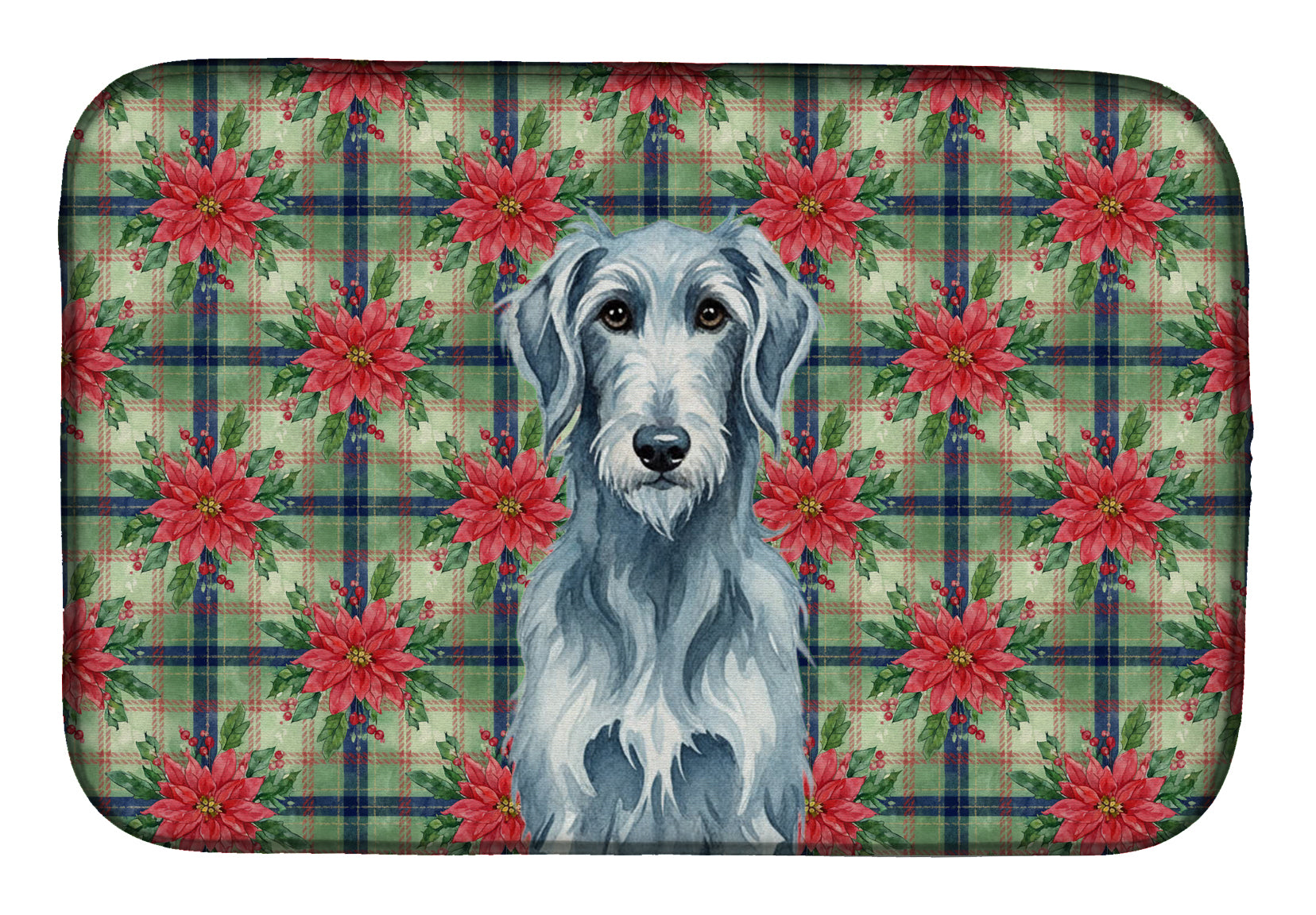 Blue-Gray Scottish Deerhound Christmas PoinsettIas Dish Drying Mat Absorbent Dish Drying Mat Pad for Kitchen Counter Dish Drainer Mat for Countertop, 14 x 21", Multicolor