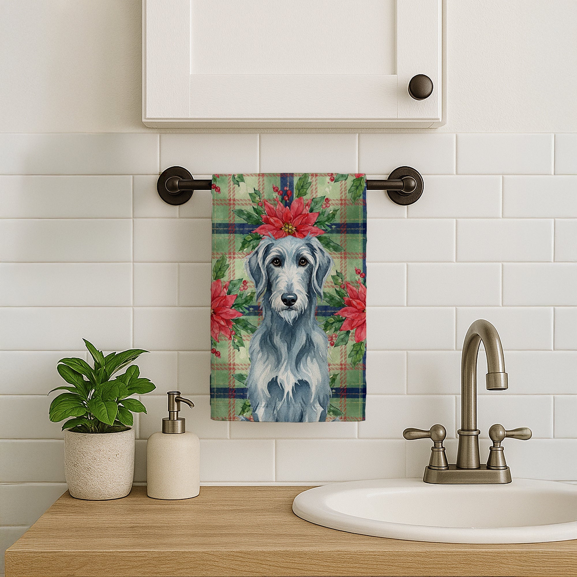 Blue-Gray Scottish Deerhound Christmas PoinsettIas Kitchen Towel Velour Plush Front and Cotton Loop Back Machine Washable
