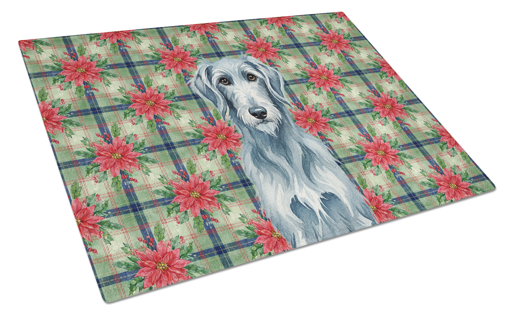 Blue-Gray Scottish Deerhound Christmas PoinsettIas Cutting Board Tempered Glass Kitchen Cutting Surface, Heat Resistant Chopping, Non-Slip Feet, Food Prep & Serving