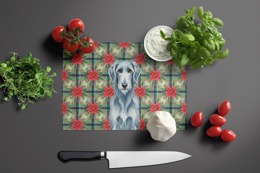 Blue-Gray Scottish Deerhound Christmas PoinsettIas Cutting Board Tempered Glass Kitchen Cutting Surface, Heat Resistant Chopping, Non-Slip Feet, Food Prep & Serving