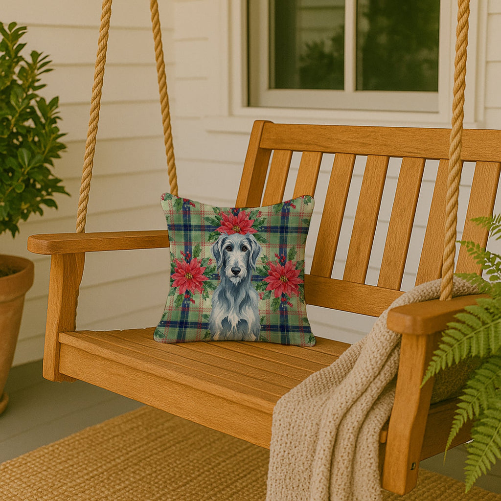 Blue-Gray Scottish Deerhound Christmas PoinsettIas Decorative Throw Pillow 14x14 Indoor Outdoor Accent Cushion, Fabric Cover with Insert for Sofa, Bed, Porch & Living Room