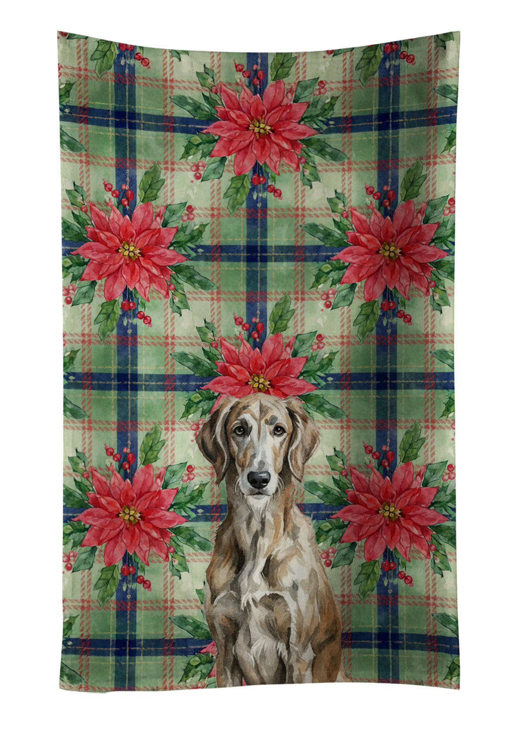 Brindle Scottish Deerhound Christmas PoinsettIas Kitchen Towel Velour Plush Front and Cotton Loop Back Machine Washable