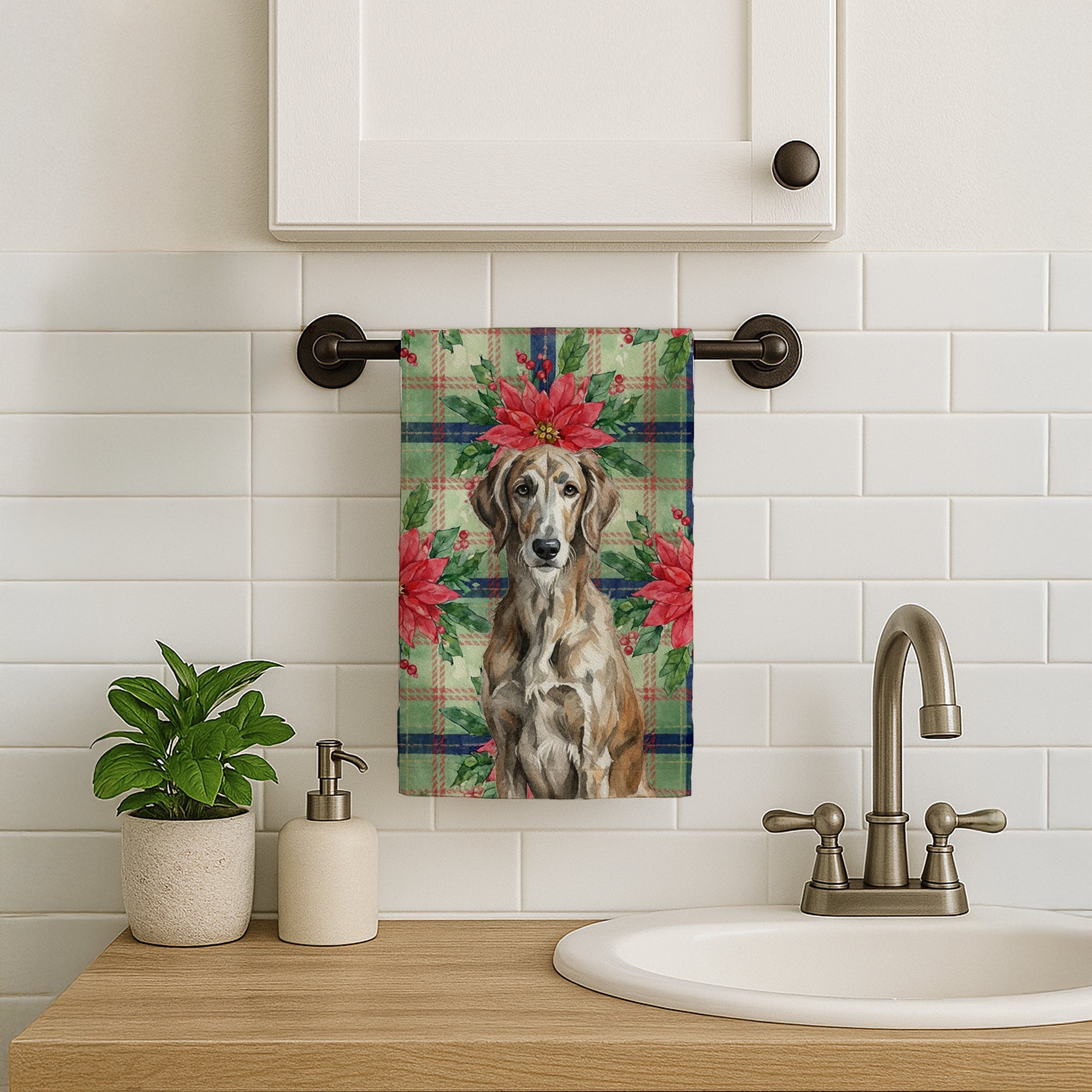 Brindle Scottish Deerhound Christmas PoinsettIas Kitchen Towel Velour Plush Front and Cotton Loop Back Machine Washable